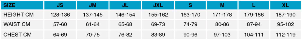 EX2542 Airmesh Long Sleeve Rash Top Size Chart